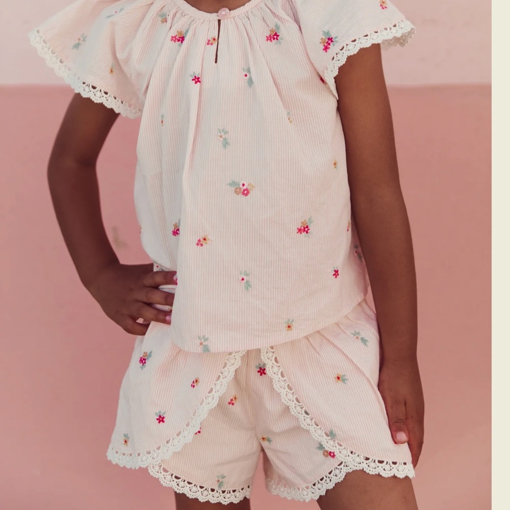 Pink Striped Embroidered Ruffle Girls Blouse
